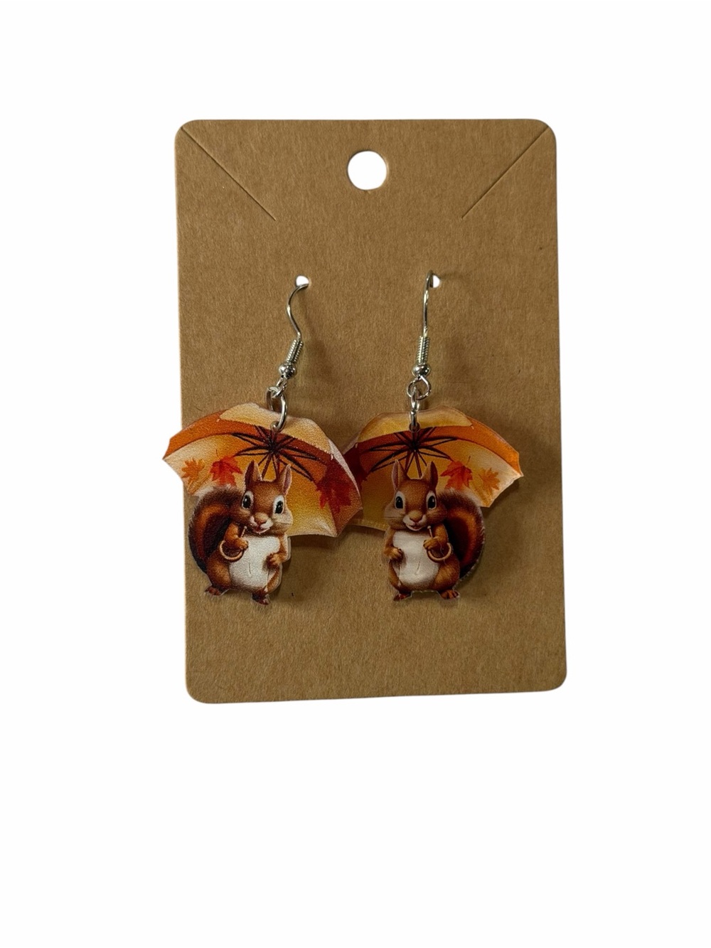 Autumn Squirrel Umbrella Dangle Earrings - Orange
